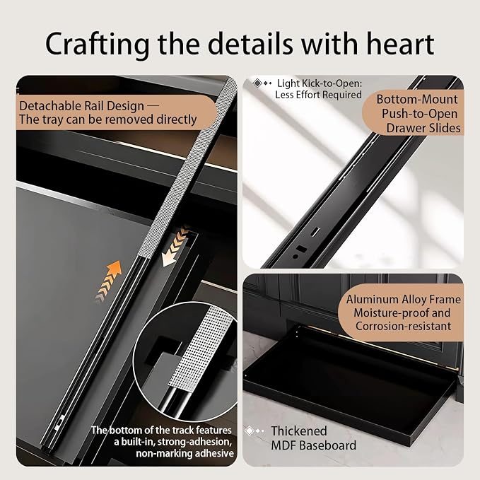 No-Drill Pull Out Drawer Shoe Rack Organizer,Damped Slide Rails Adjustable Width16-34 Inch, Push to Open Toe-Kick Shoe Rack for Cabinet Bottom(Black,33.9 * 18.1in)