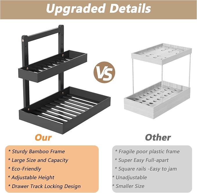 Bamboo Under Sink Storage 2 Tier Pull Out Cabinet Organizer Slide Out Under Sink Storage Shelf Undersink Organizers Shelves for Kitchen Bathroom Organization (Black, 2 Packs)