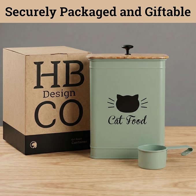 Cat Food Storage Container with Scoop - 5-7lb (25 Cup) Capacity Metal Cat Kibble Canister with Airtight Bamboo Lid and Metal Scoop - Airtight Pet Food Storage Containers 5 lb - 7 lb Kibble Container