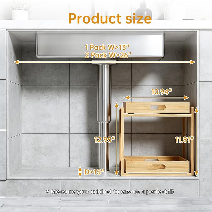 Under Sink Organizer and Storage - 2-Tier Bamboo Kitchen Cabinet Shelf with Adjustable Levels, Undersink Organization Slide Out for Bathroom Cabinet Pantry