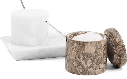 Radicaln Marble Salt Cellar with Lid and Tray 3" Inch Oceanic and White Handmade Salt Dish For Kitchen Countertop, Ideal Set of 2 Seasoning Jars & Table Salt Container For Table