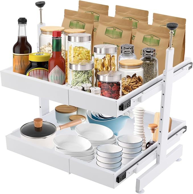 Cabinet Drawers Slide Out, 2 Tiers Expandable Pull out Cabinet Organizer No-Drilling, Slide out Drawers for Kitchen Cabinets Bathrooms, Laundry Rooms, Garages (White)