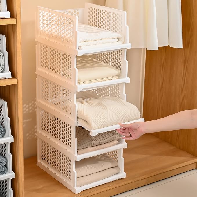 Pull-out Plastic Storage Basket,Stackable Closet Organizers Drawer Anti-Tipping, Reinforced Stable Shelf Container for Bathroom Laundry Room Storage, Space-Saving Clothes Storage (white, Large-4pcs)