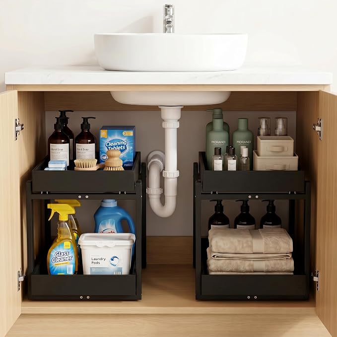 Bamboo Under Sink Storage 2 Tier Pull Out Cabinet Organizer Slide Out Under Sink Storage Shelf Undersink Organizers Shelves for Kitchen Bathroom Organization (Black, 2 Pack)
