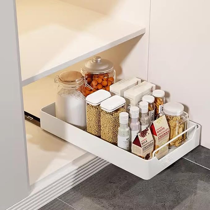 25cm Wide Heavy Duty Pull-Out Cabinet Organizer – Soft-Close Slide-Out Drawer, No-Drill Ultra Adhesive, Steel Storage Shelf for Kitchen, Pantry or Bathroom, Noiseless Sliding