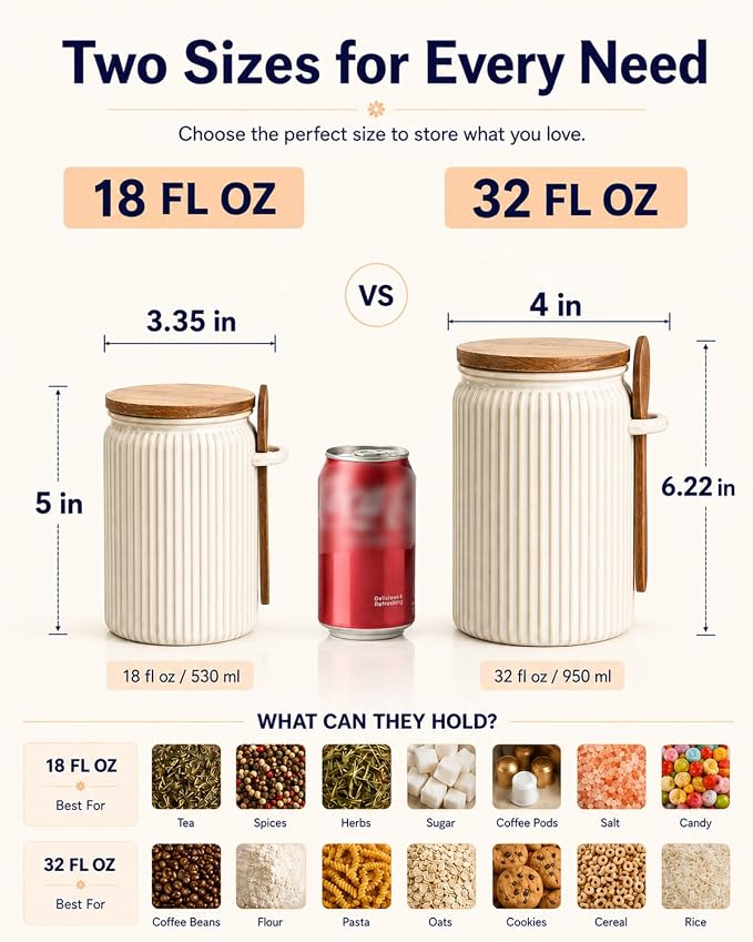 getstar Canisters Sets for the Kitchen, 32 oz Sugar Coffee Tea Storage Containers, Ceramic Kitchen Canisters for Countertop Set of 4 with Airtight Lids and Teaspoons