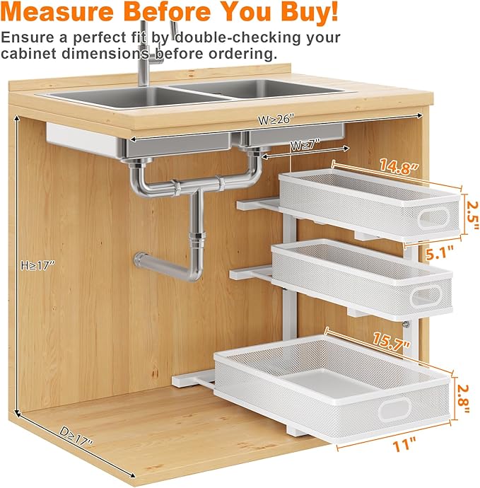 Under Sink Organizer, 2-Pack 3-Tier White Metal Pull Out Cabinet Organizer, Slide Out Under Sink Storage Drawers, Under The Sink Organization and Storage Shelf for Kitchen Bathroom Pantry Laundry Room