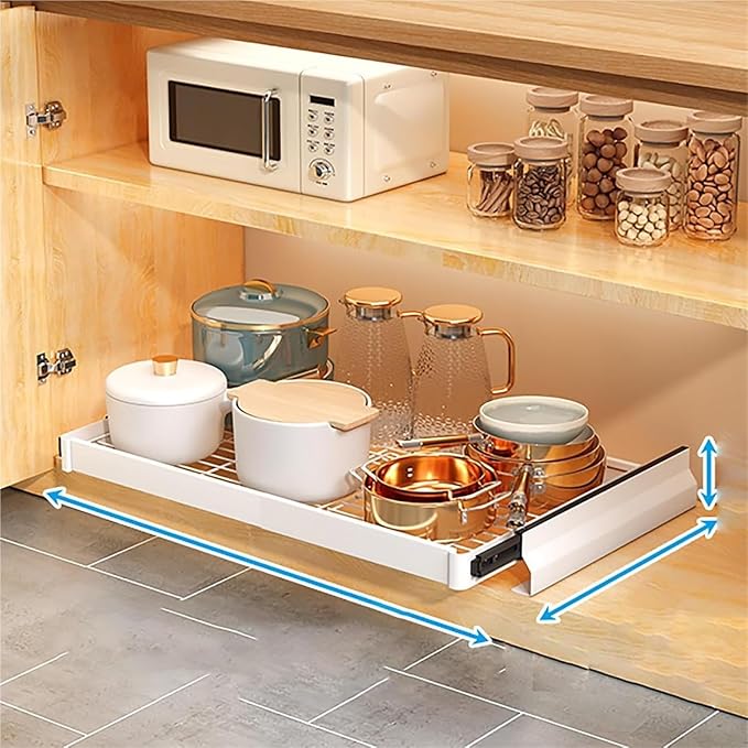 Pull out Cabinet Organizer,Under Sink Organizer, Pull out drawers for cupboards,Kitchen Storage,No Need Drill and Nailing,for Kitchen, Living Room, Home.(White,59.5 * 42 * 9cm)