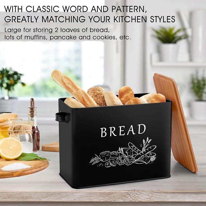 TeamFar Bread Box with Wooden Lid, 13.1” x 7.2” x 9.7” Metal Bread Container Storage Holder for Family Farmhouse Kitchen Countertop, Powder-Coated & Healthy, Large Capacity & Classic Pattern (Black)