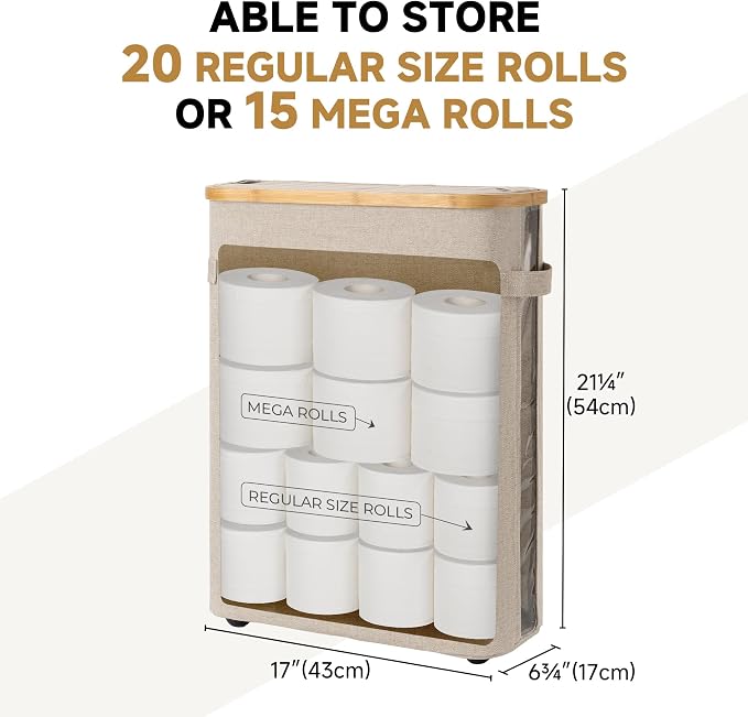 StorageWorks Toilet Paper Storage Baskets with Dual Flip Lids, Toilet Paper Organizer for Bathroom, Toilet Paper Container with Side Pocket, Holds 15 Mega or 20 Regular Rolls, Large, Light Khaki