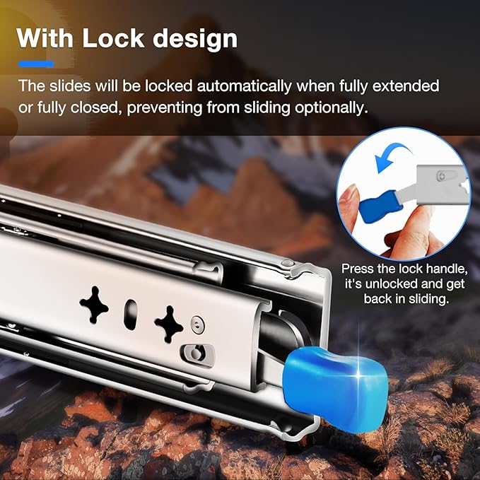 Heavy Duty Locking Drawer Slides Full Extension Runners with Lock 12 14 16 18 20 22 24 26 28 30 32 34 36 38 40 Inch Side Mount Rails for Drawer Capacity 187lb 1 Pair