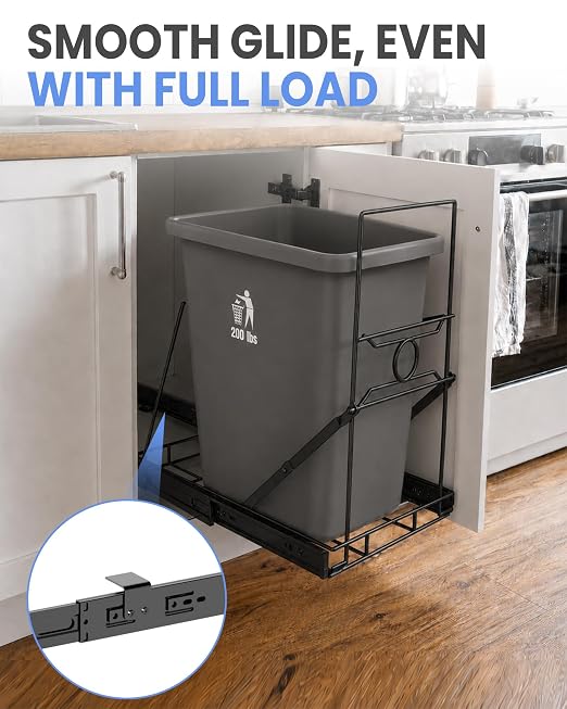 Pull Out Trash Can Cabinet Organizer, Stainless Steel Trash Can Slider for Kitchen Cabinet, Under Sink Slide Out Trash Can Rack for 7-11 Gallon Bins, Black, Bin Not Included