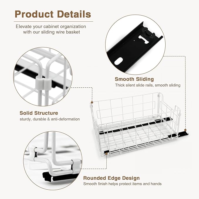 Pull Out Cabinet Sliding Basket Organizer, Heavy Duty Slide Out Drawer for Kitchen Cabinet, No Drill Adhesive Sliding Shelves for Kitchen Bathroom Home, 13.8" D x 8.5" W x 6.3" H, Black