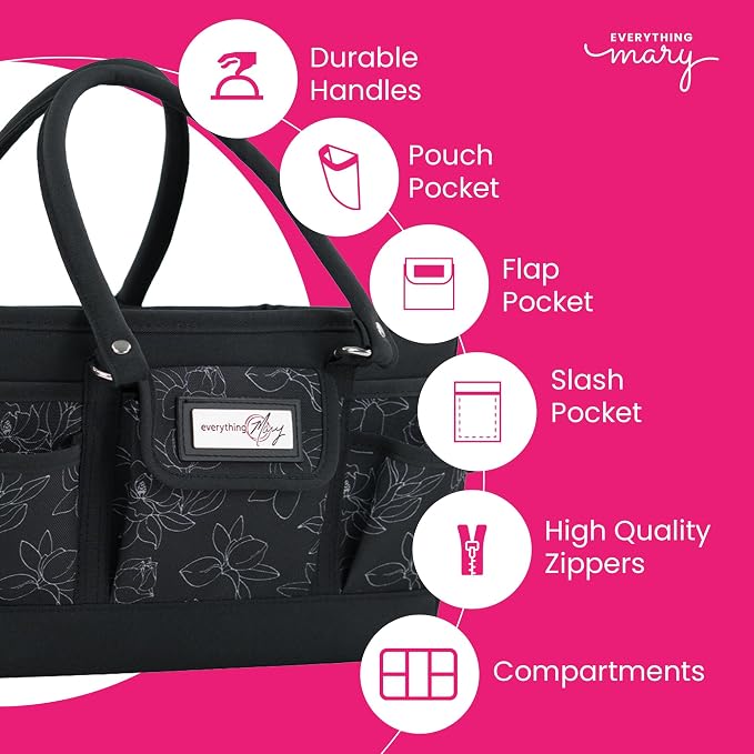 Everything Mary Deluxe Store & Tote Organizer – Black & White Floral Craft Bag with Handle – Collapsible Storage for Scrapbooking, Sewing, DIY Tools & Art Supplies