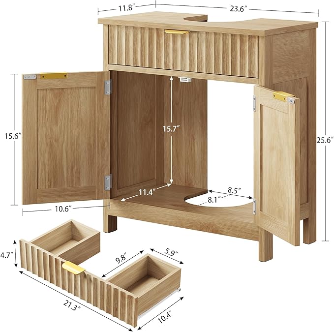 TEENFON Pedestal Sink Storage Cabinet with 2 Doors and Drawer, Bathroom Sink Cabinet with U-Shape Cut-Out, Fluted Pedestal Sink Cabinet, Natural Oak