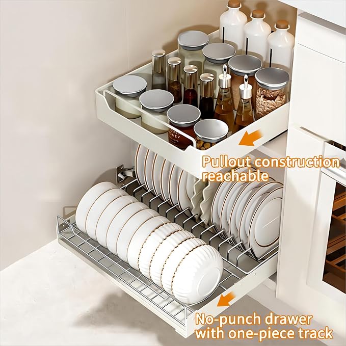 Pull Out Cabinet Organizer Fixed with Adhesive Nano Film, Slide Out Dish Drying Rack for Kitchen Cabinets, Pull Out Drawer for Kitchen Under Sink Organizer