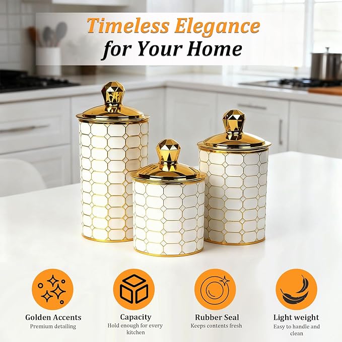 BigKing 3 Piece Plastic Canister Set for the Kitchen Counter - Sugar and Flour Containers with Airtight Lids for Countertops, Coffee and Tea Storage, Farmhouse Decor (Half Circle Lid)