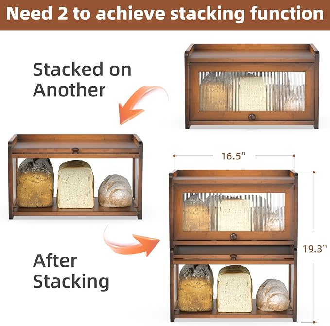 BAMBANG Bamboo Bread Box for Kitchen Countertop, Extra Large Farmhouse Bread Box with 4-Side Clear Panels, Wooden Bread Storage Container for Homemade Bread, Amber