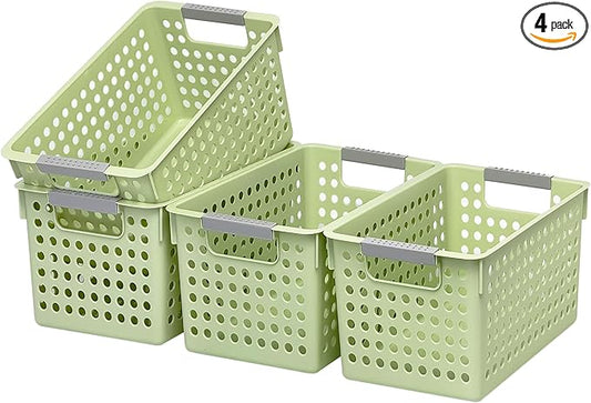 Soddeph 4 Pack Plastic Storage Basket with Handles, Small Deep Organizer Bin with Hollow Design for Under Counter, Shelf, Closet, Kitchen or Bathroom (Green, Small)