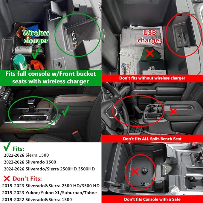 Center Console Organizer fit for GMC 2023 2024 2025 2026 Sierra/Chevy Silverado 1500 Accessories, 2024-2025 2026 2500HD 3500HD (Wireless Charger With Full Console w/Bucket Seats Only)