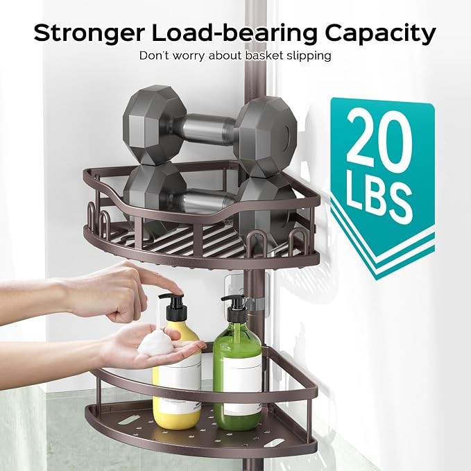 HAMITOR Corner Shower Caddy Tension Pole: Rustproof Stable 4-Tier Bathroom Organizer Shelves for Bathtub Shampoo Storage - 47-121 Inch Quick Install Adjustable Standing Rack with Soap Rack - Bronze
