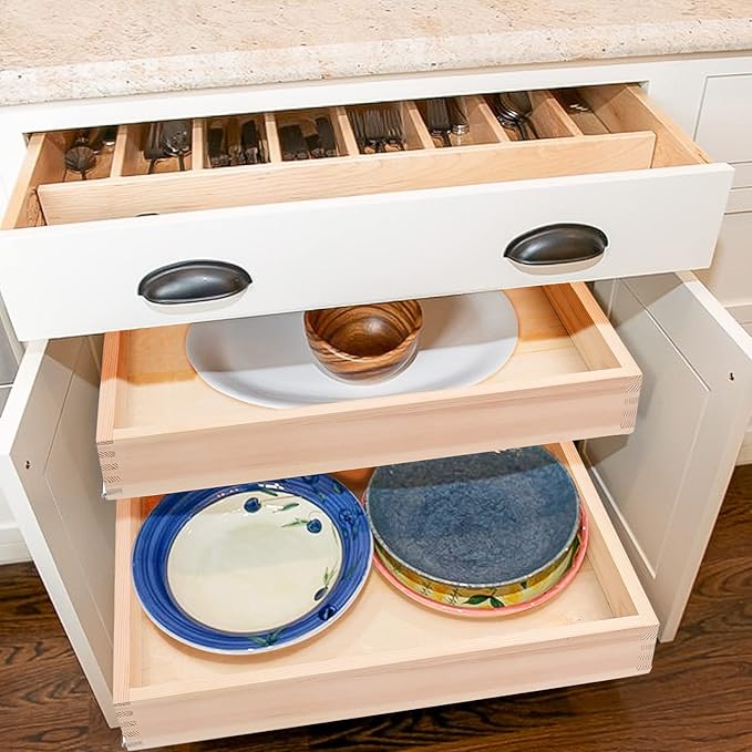 Mulush 29”W x 21”D x 3”H Soft Close Slide Out Wood Drawer Organizer for Kitchen, (Cabinet Opening>29.5 inches for Bottom Assembly, Width= 29 inches for Side Assembly)