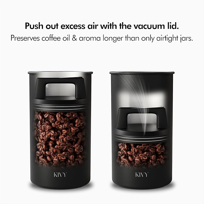 KIVY Vacuum Coffee Canister - Push Lid Preserves Coffee Aroma & Oil - Stainless Steel Airtight Coffee Canister - Container for Ground & Coffee Bean Storage - Storage Jar - Removes Excess Air