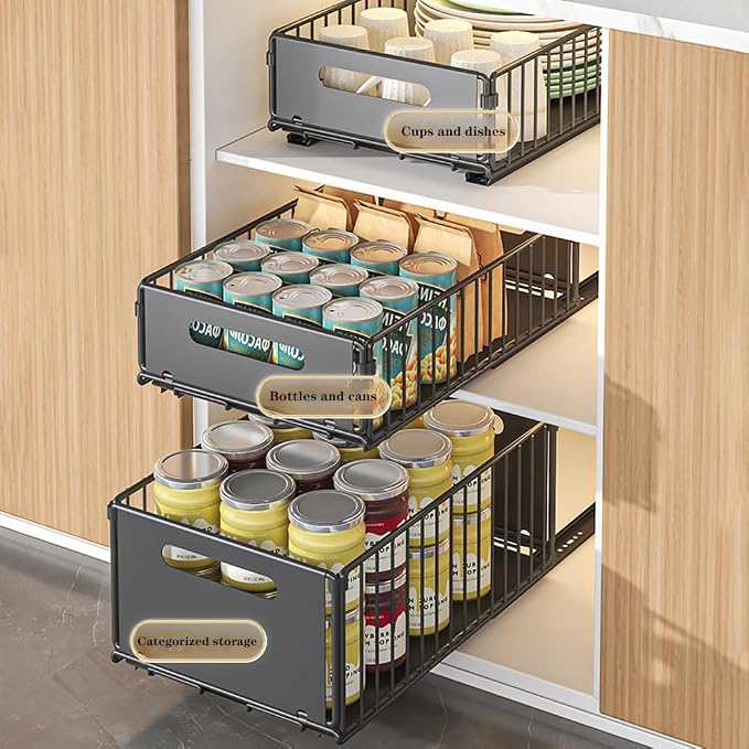 Pull Out Cabinet Organizer Fixed, Pull Out Drawers for Cabinets in Kitchen, Pantry or Bathroom, No Drill Roll Out Shelves Adhesive