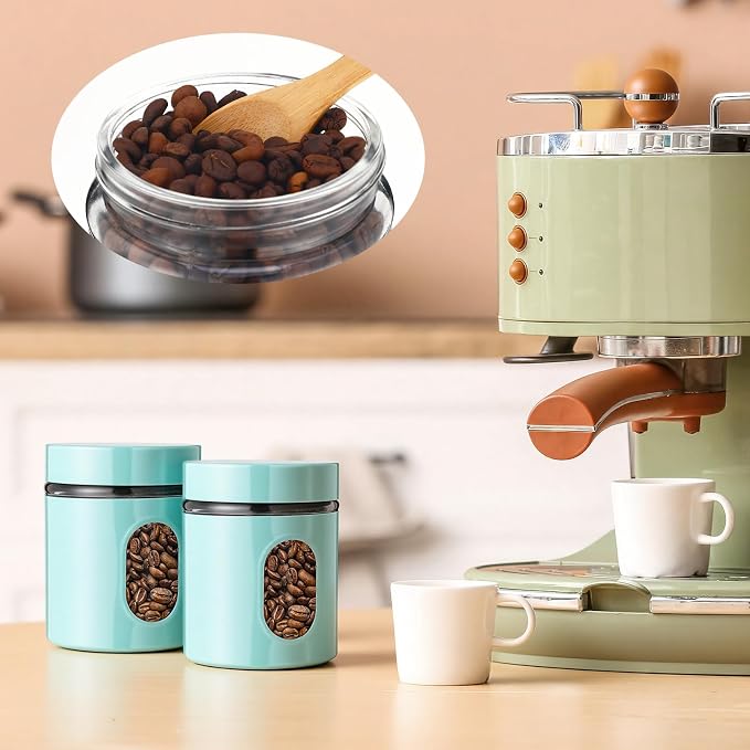 Mimorou 3 Pcs Stainless Steel Canister Set with Glass Windows Visible Storage Jars Silver Kitchen Canister Set for Pasta Flour Oat Sugar Container, Kitchen Tools, Housewarming Gifts(Turquoise,20 oz)