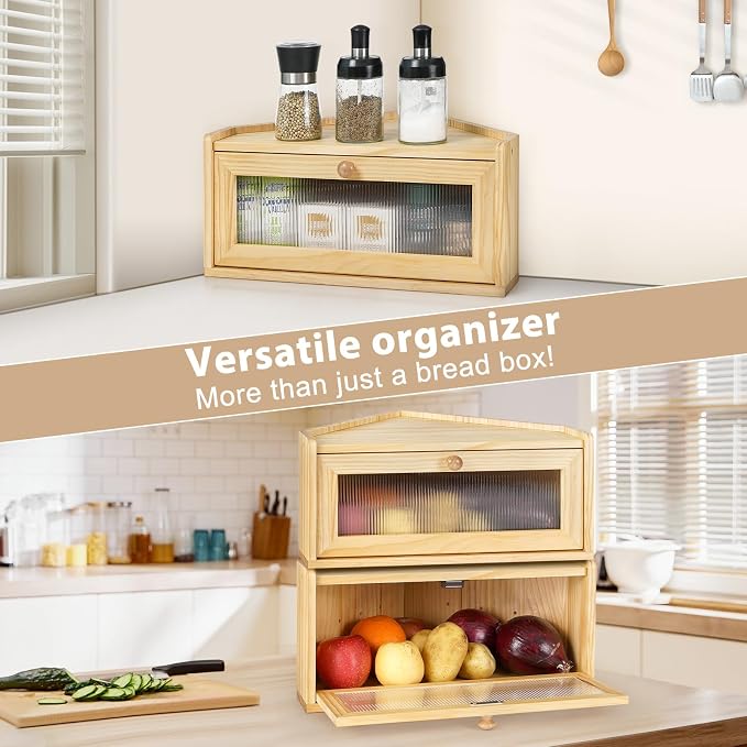 Sunhoo Bread Box for Kitchen Countertop Wooden Corner Breadbox Counter Food Storage Bin Container Farmhouse Rustic Homemade Bread Fresh Keeper Organizer Holder Vintage Stackable with Window (Yellow)