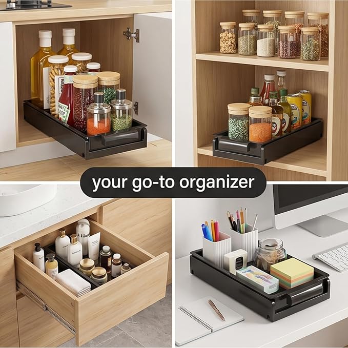 Pull Out Spice Rack for Upper Cabinet - Expandable Organizer with Smooth Ball Bearing Slides, No Drill Mounting Spice Storage for Kitchen (black)