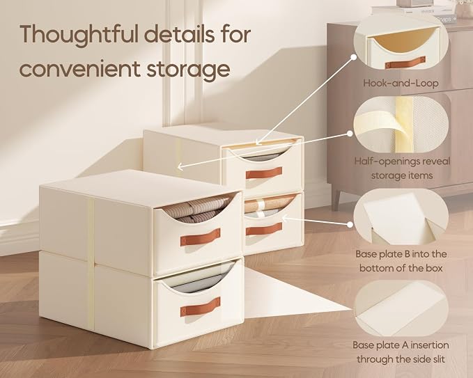 Homsorout Stackable Storage Drawers - Large Collapsible Storage Bins with Drawers, 4 Pack Closet Shelf Organizer Basket, Fabric Pull Out Organizer for Bedroom, Living Room, Dorm, Light Beige