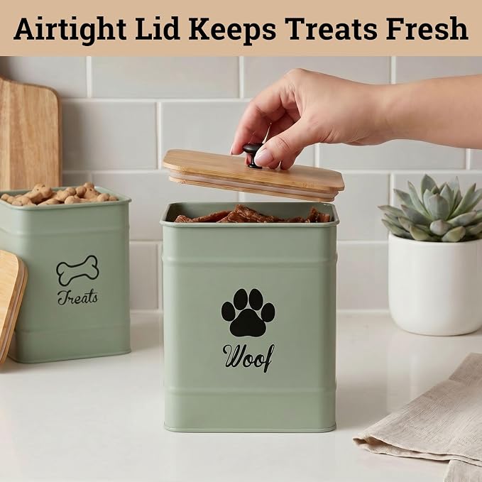 Dog Treat Container Airtight Set of 2 - 8x6 & 7x5 inch Iron Dog Treat Jars for Kitchen Counter with Airtight Bamboo Lids - 20 Cup Capacity Pet Treat Container Set - Doggie Cookie Jar - Treats Canister