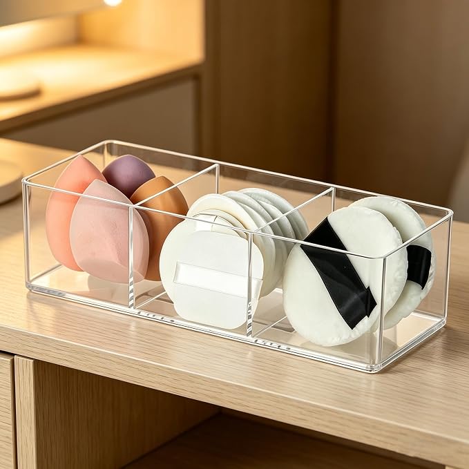 3-Compartment Clear Acrylic Organizer, Makeup Sponge & Puff Holder for Vanity Countertop, Bathroom, Cosmetic Station & Dressing Table