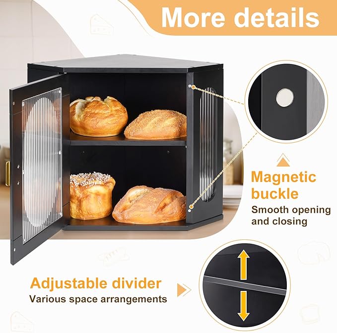 Sunhoo Bread Box for Kitchen Countertop Corner Bread Storage Wooden Breadbox Container 2 Layer Bread Holder Keeper Large Farmhouse Bread Bin Shelf for Homemade Pantry Vintage Acrylic Window(Black)