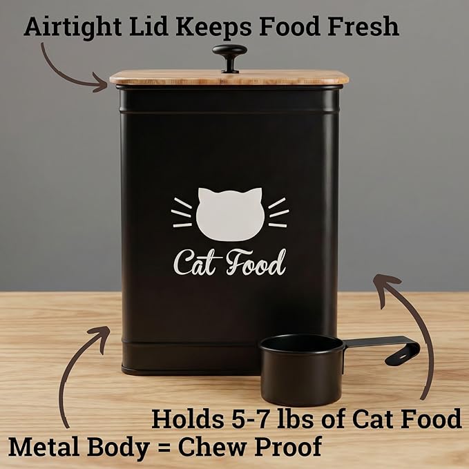 Cat Food Storage Container with Scoop - 5-7 lb (25 Cup) Capacity Metal Cat Food Container with Airtight Bamboo Lid and Metal Scoop - Airtight Pet Food Storage Containers 5 lb - 7 lb Kibble Container