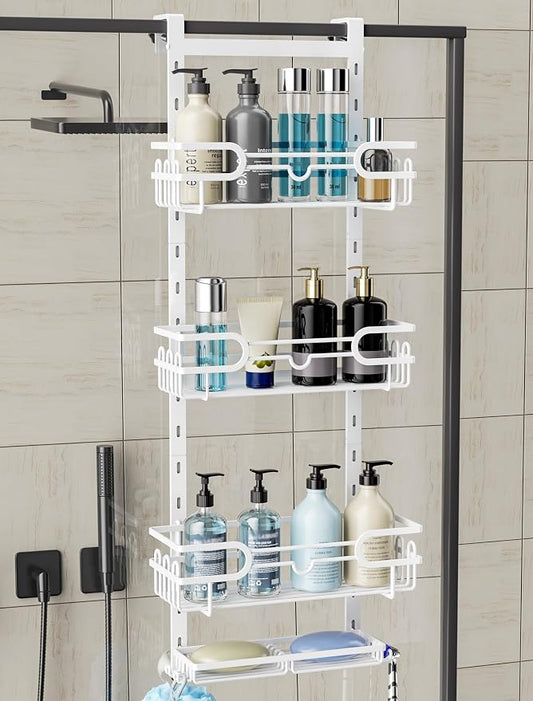 Consumest Over The Door Shower Caddy - 4 Tier Adjustable Hanging Shower Organizer Shelf with 2 Soap Holders & 22 Hooks, Rustproof Easy Installation Hanging Storage Rack for Bathroom, White