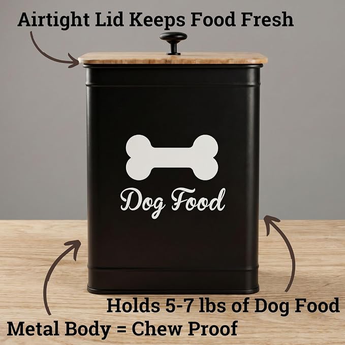Dog Food Container Airtight 5-7 lb (25 Cup) Capacity - Cute Airtight Dog Food Storage Container with Bamboo Lid & Sturdy Metal Handle - Black Metal Kibble Storage Bin for Dogs up to 50 lbs - Pet Jar