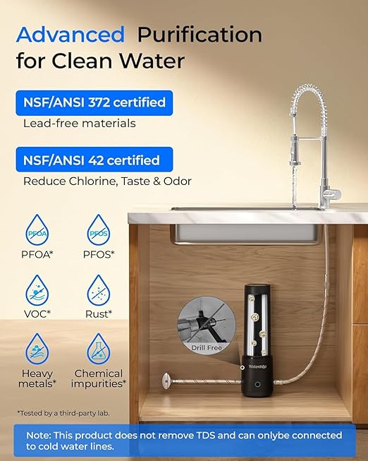 Waterdrop UL12A Under Sink Water Filter, Upgraded for 10UA, No Drill Required for Renters, Time Reminder, Easy Installation, Reduces Chlorine, Bad Taste & Odor, NSF/ANSI 42 Certified (Filter: FUL12)