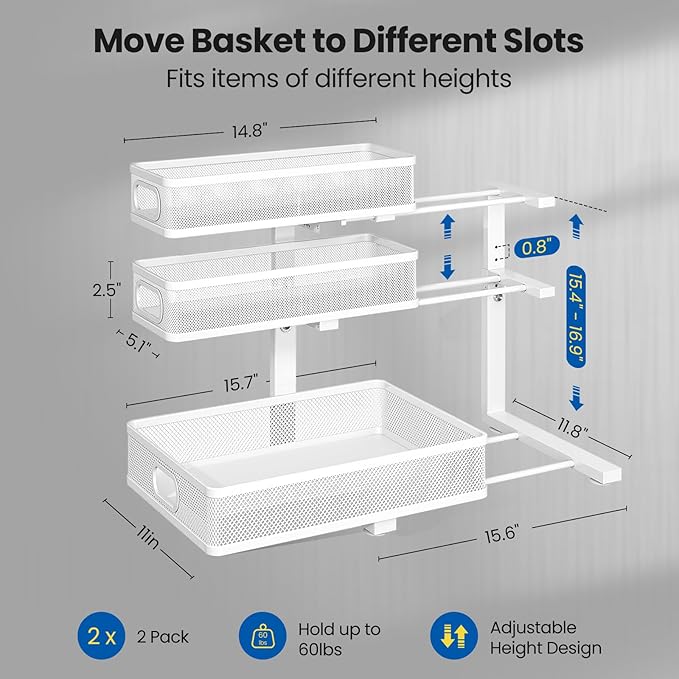 Under Sink Organizer, 3-Tier Pull Out Cabinet Organizer with Drawer Stops, Height Adjustable Slide Out Storage Rack for Kitchen Bathroom Pantry Laundry Room Organization, 2 Pack