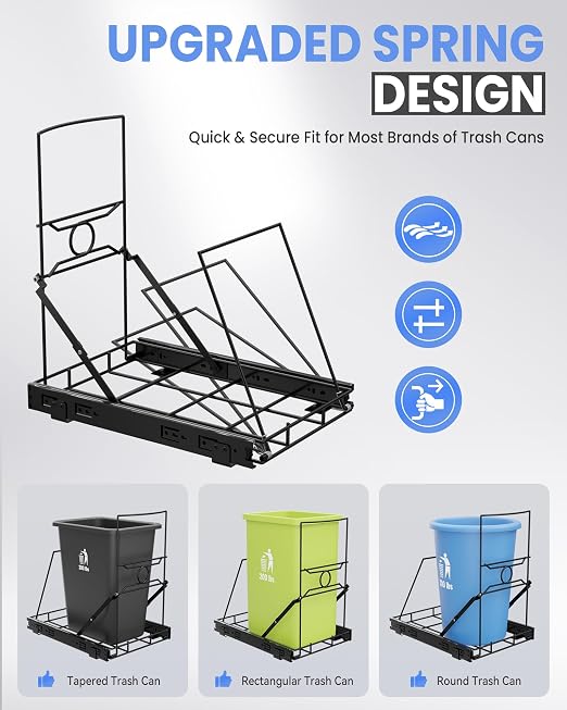 Pull Out Trash Can Cabinet Organizer, Stainless Steel Trash Can Slider for Kitchen Cabinet, Under Sink Slide Out Trash Can Rack for 7-11 Gallon Bins, Black, Bin Not Included