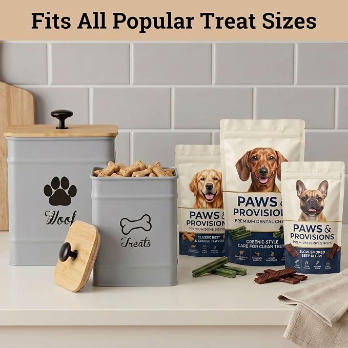 Dog Treat Container Airtight Set of 2 - 8x6 & 7x5 inch Iron Dog Treat Jars for Kitchen Counter with Airtight Bamboo Lids - 20 Cup Capacity Pet Treat Container Set - Doggie Cookie Jar - Treats Canister