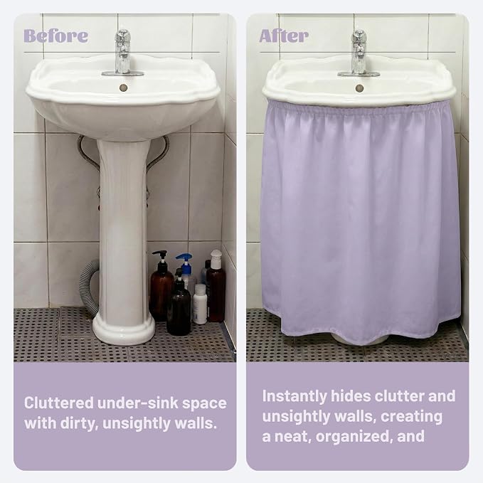 Sink Skirt Bathroom, Self Stick Adhesive Waterproof Fabric, Under Sink Curtain Skirt, Pedestal Sink Accessories Decor, Bathroom Storage Decor(Purple)