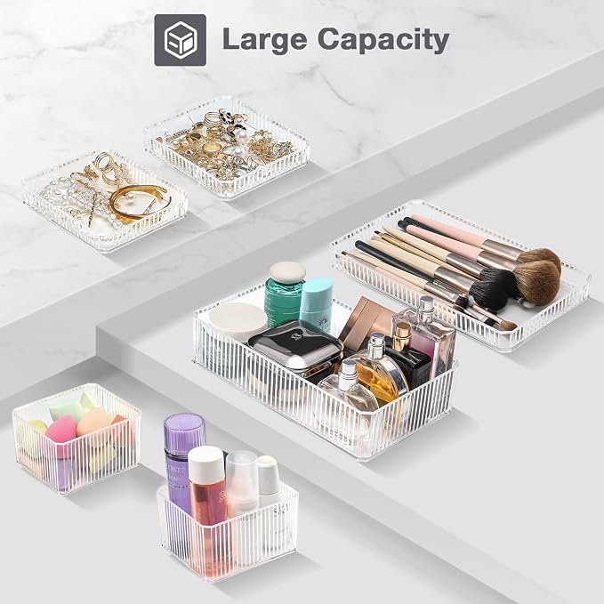 Lolalet Stackable Drawer Organizer for Makeup, Multi-size Clear Plastic Makeup Drawer Organizer Trays Bathroom Vanity Storage Bins and Office Desk Drawer Dividers -6 Pcs