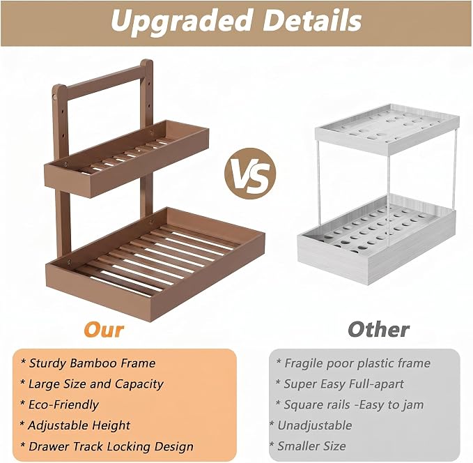 Bamboo Under Sink Storage 2 Tier Pull Out Cabinet Organizer Slide Out Under Sink Storage Shelf Undersink Organizers Shelves for Kitchen Bathroom Organization (Brown, 2 Packs)