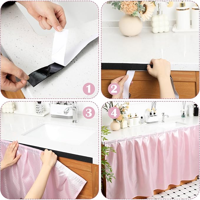 Fabric Sink Skirt Diamond Bathroom Stitch Self Stick Adhesive Waterproof Fabric Under Sink Curtain Skirt 55 x 32 Inch Adds Bathroom Storage(Pink,Fashion Style)