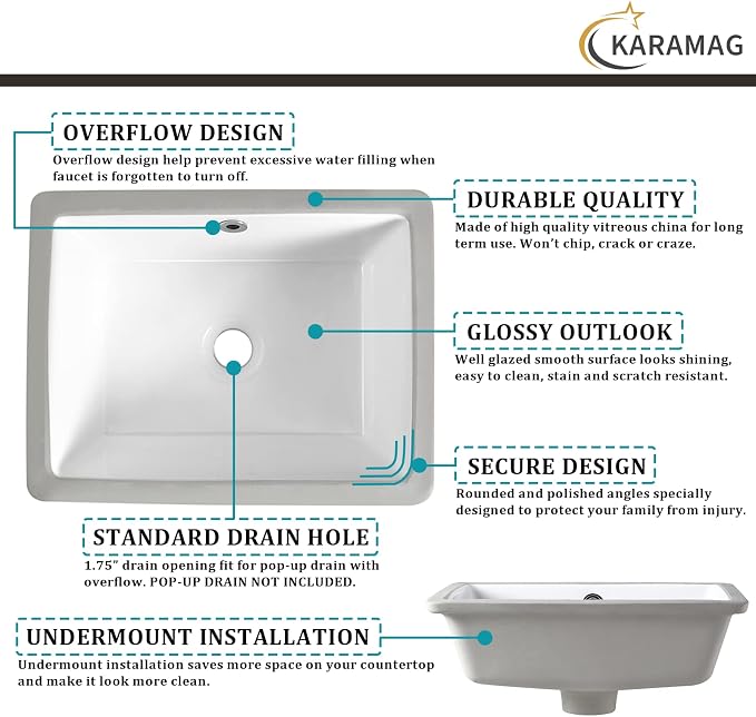 20 Inch Undermount Bathroom Sink Rectangle Undermount Sink White Ceramic Under Counter Bathroom Sinks with Overflow (19.7"x15.7")