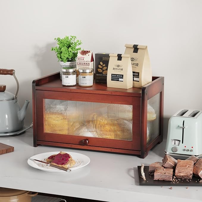 BAMBANG Bamboo Bread Box for Kitchen Countertop, Extra Large Farmhouse Bread Box with 4-Side Clear Panels, Wooden Bread Storage Container for Homemade Bread, Brown