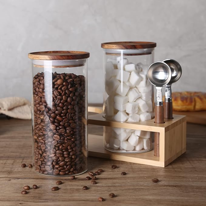 KKC Airtight Coffee Canister and Sugar Container Set with 2 Wooden Handle 1 TBSP Spoons - 2 Pack 39 oz Large Glass Storage Jars with Bamboo Rack, Elegant Countertop Coffee Station Organizer Bar Accs
