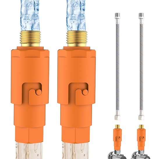 TIORIY 2 Pack Sediment Water Filter G 3/8 (9/16") with Hose, Conncet Angle Valve, 35 Micron Reusable Under Sink Inline Water Filter with 12in Extension Tube, Compression Fitting for Bathroom Kitchen